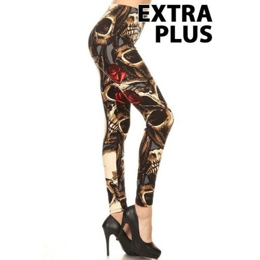 X-Plus Size 3X-5X Womens Skull Print, Full Length Leggings‎ In A Fitted Style
